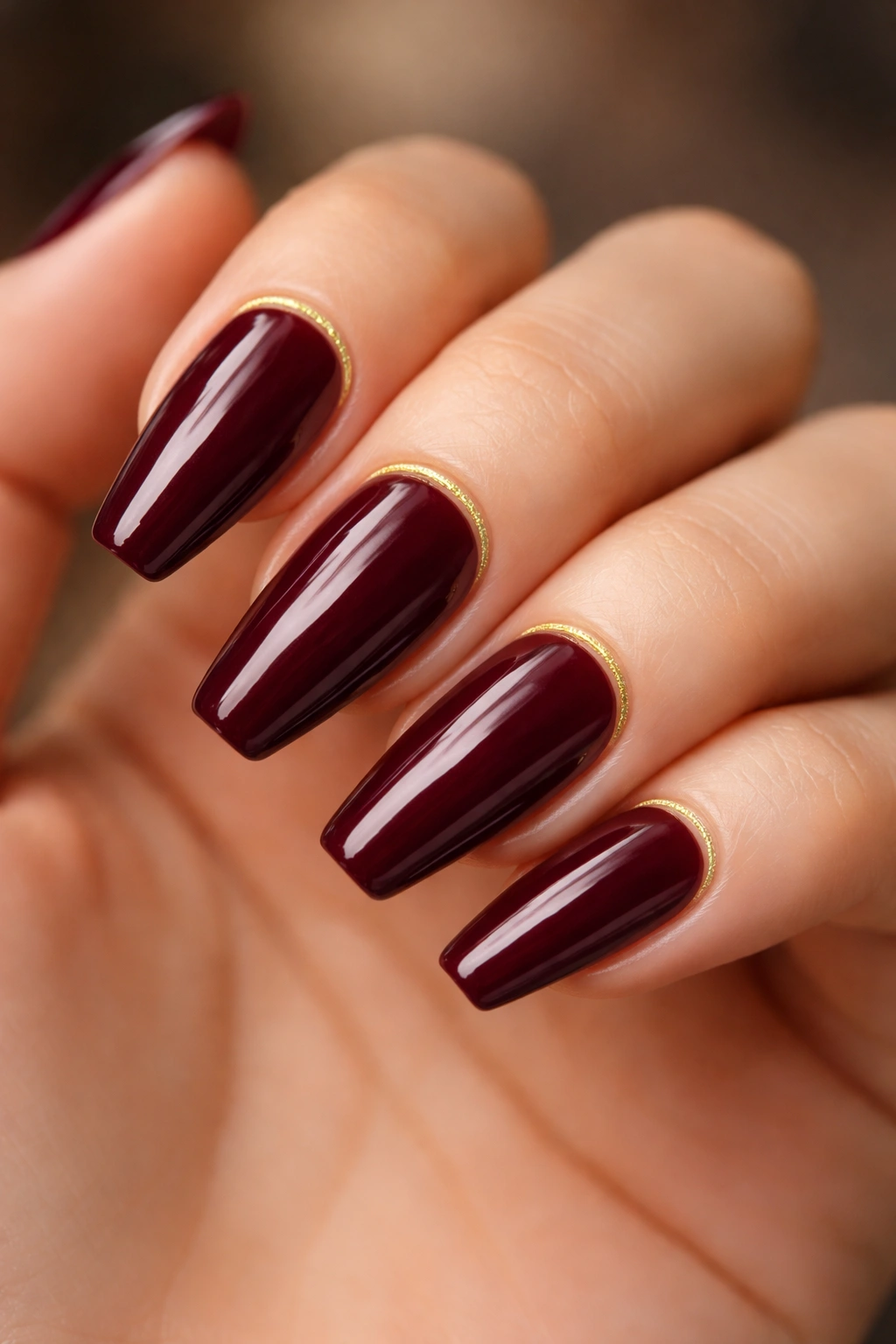 Deep burgundy nails with a thin gold cuticle line on ballerina shape