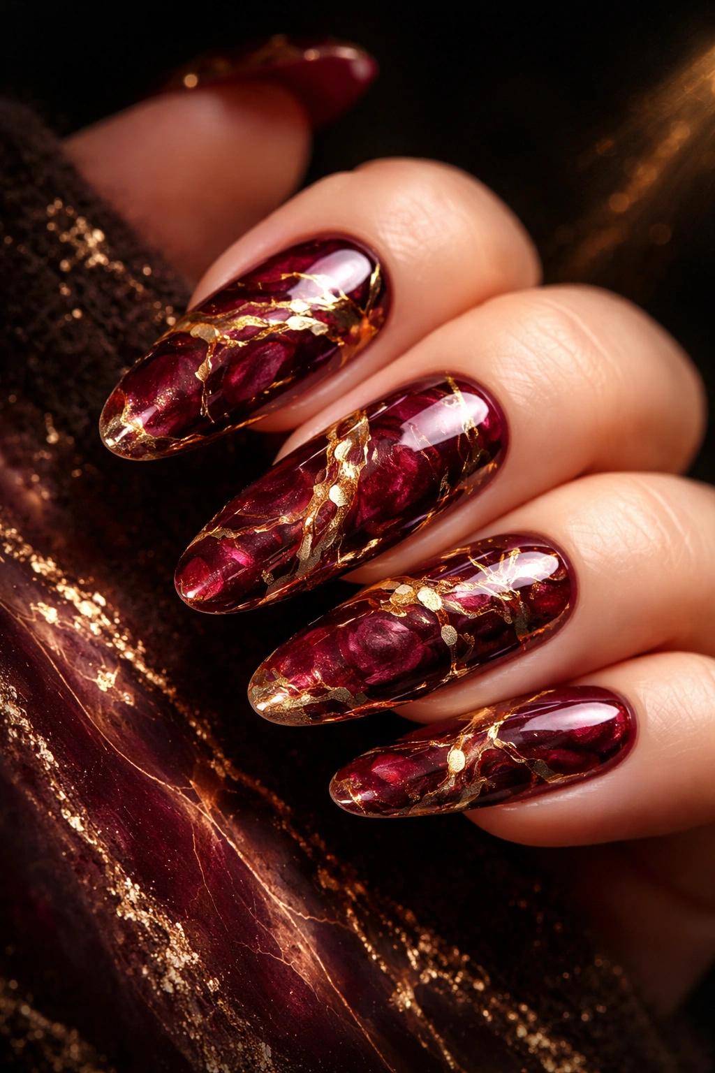 Deep burgundy marble nails with gold veining on long round nails, photorealistic