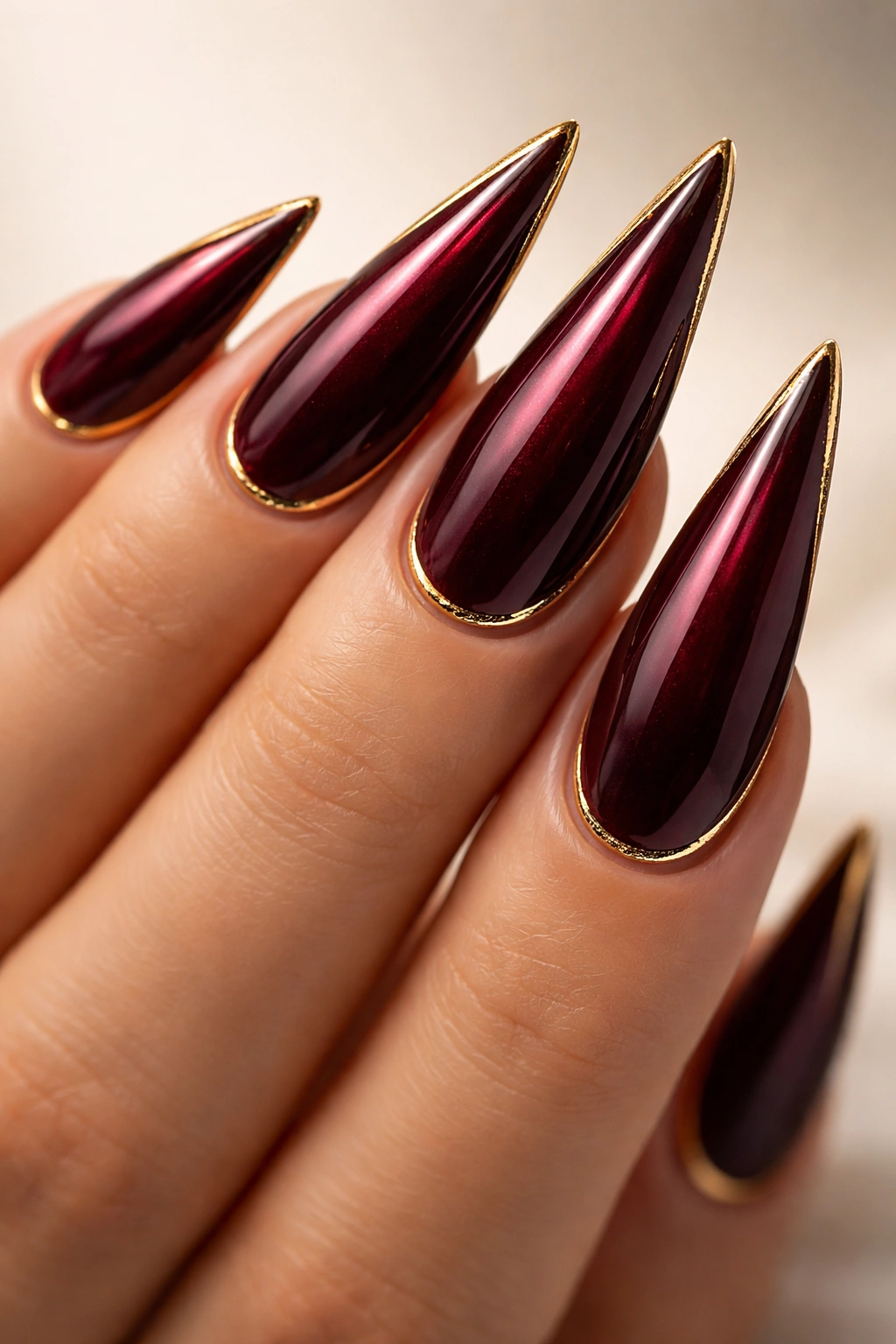Close-up of deep burgundy stiletto nails with gold accents