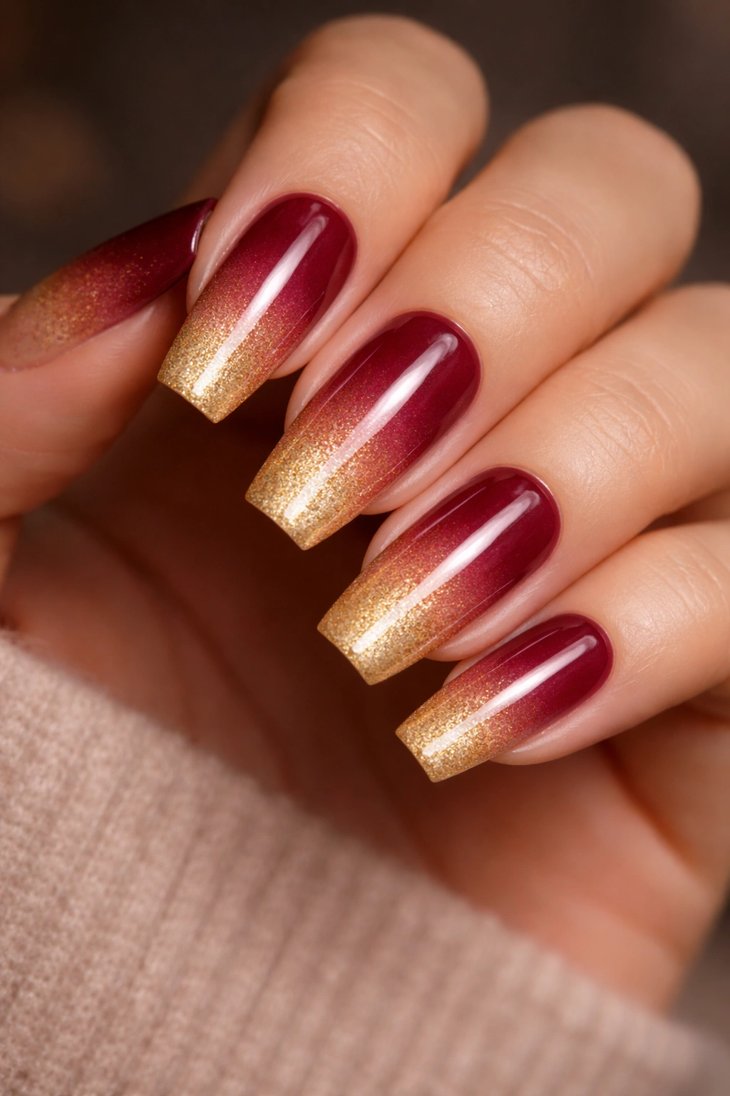 Burgundy to gold ombre on coffin nails close-up