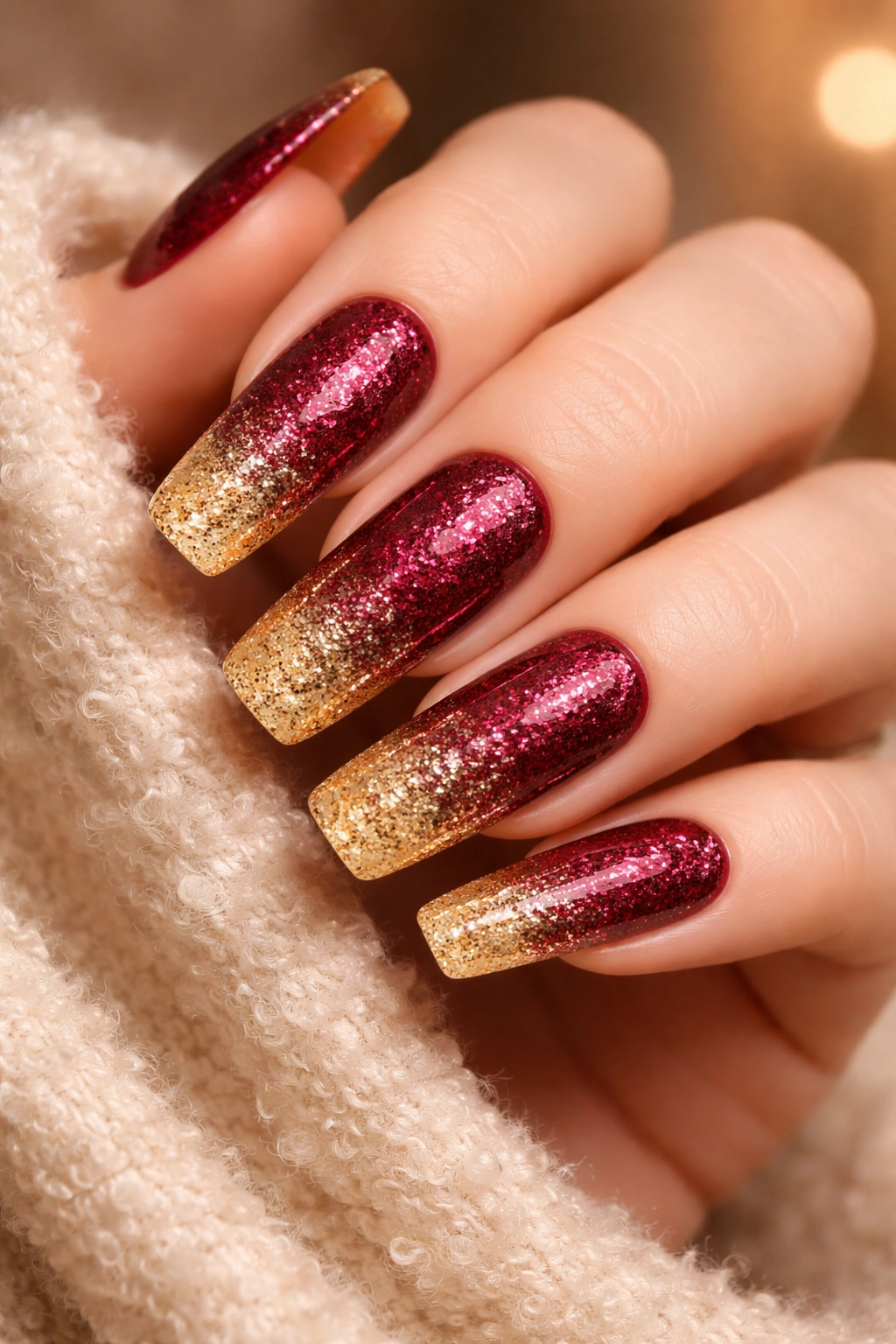Nails with burgundy to gold glitter ombre in soft warm lighting