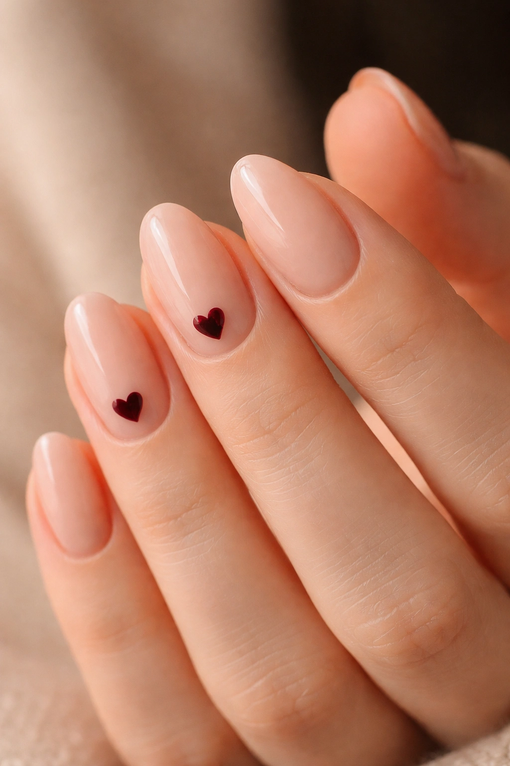 Close-up of short almond nails with burgundy hearts on a sheer nude base