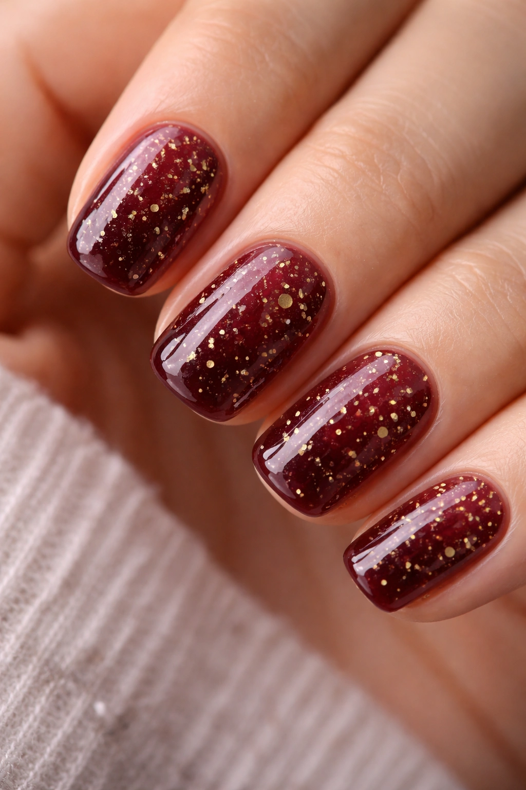Nails with soft burgundy jelly and embedded gold flakes