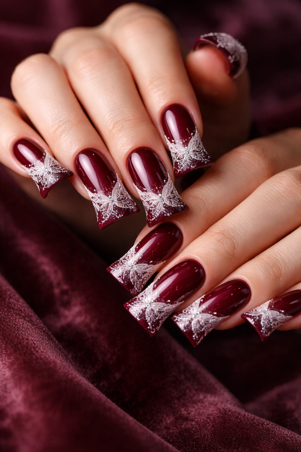 Close-up of burgundy duck nails with lace detailing on fingertips