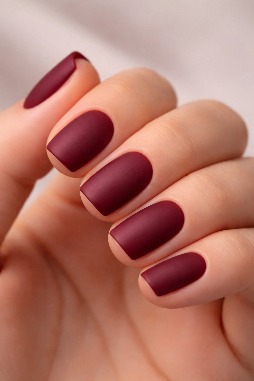 Close-up of burgundy squoval nails with matte finish