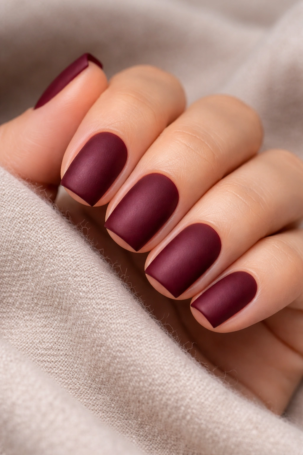 Close-up of deep burgundy matte nails on squoval nails