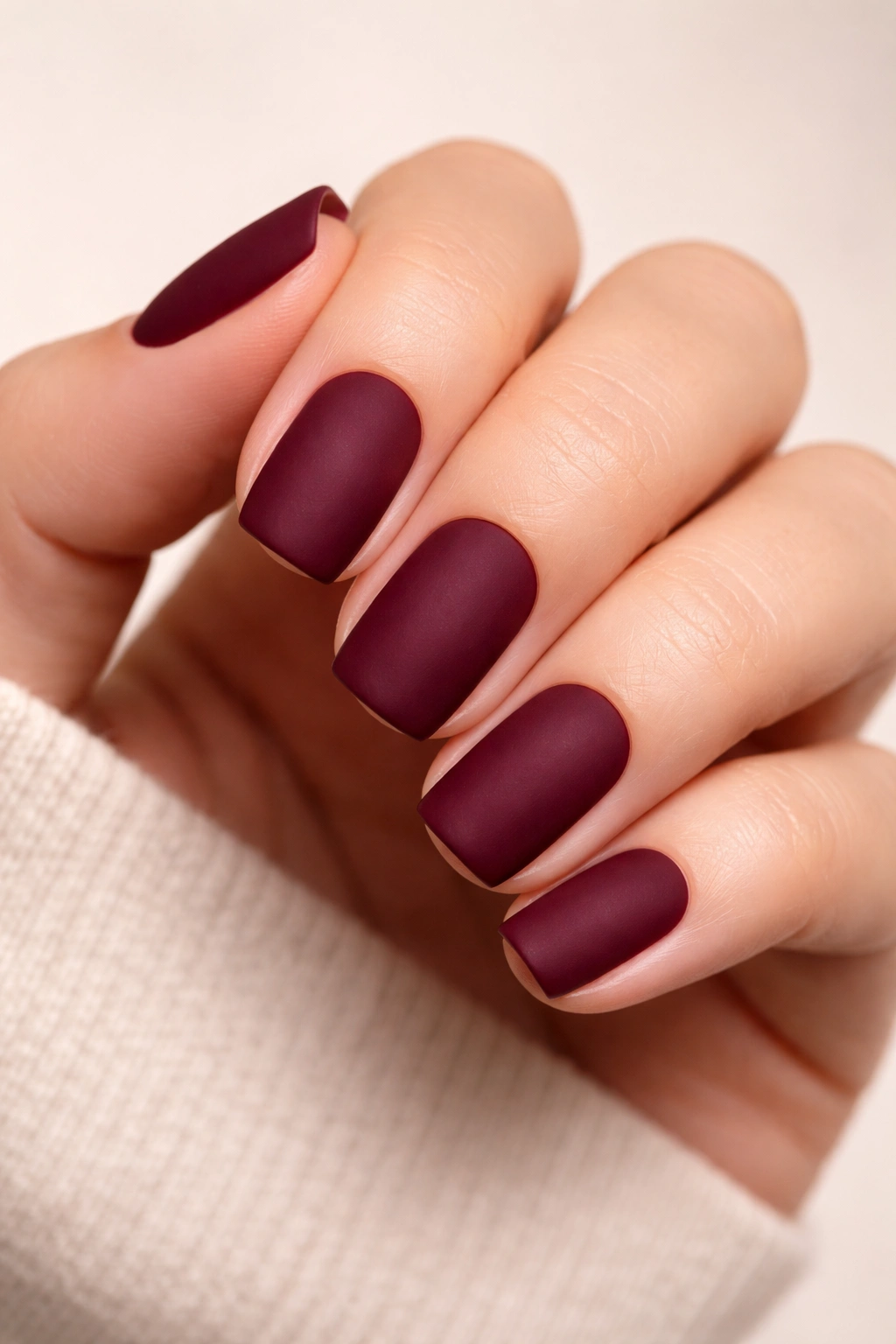 Close-up of short squoval nails in deep burgundy matte with velvety texture