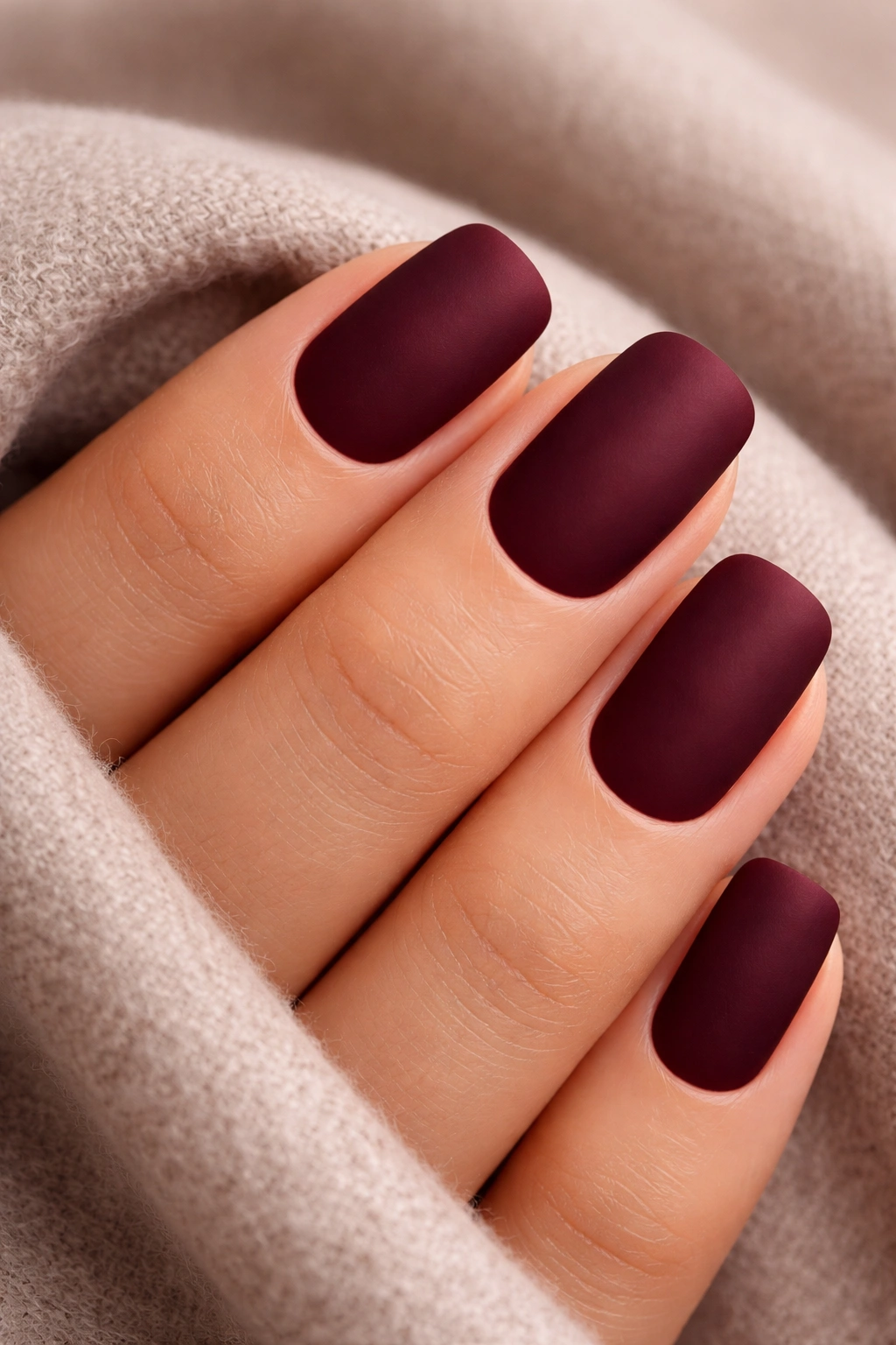 Close-up of deep burgundy squoval nails with matte finish