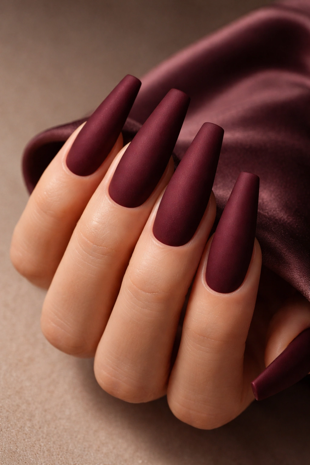 Close-up of long coffin matte burgundy acrylic nails with rich wine tones.