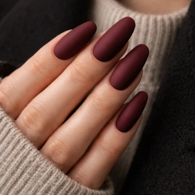 16 Burgundy Long Oval Nails for a Rich Look