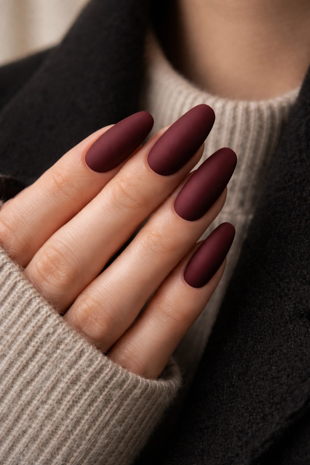 Macro shot of burgundy matte nails on long oval shape with velvety texture.