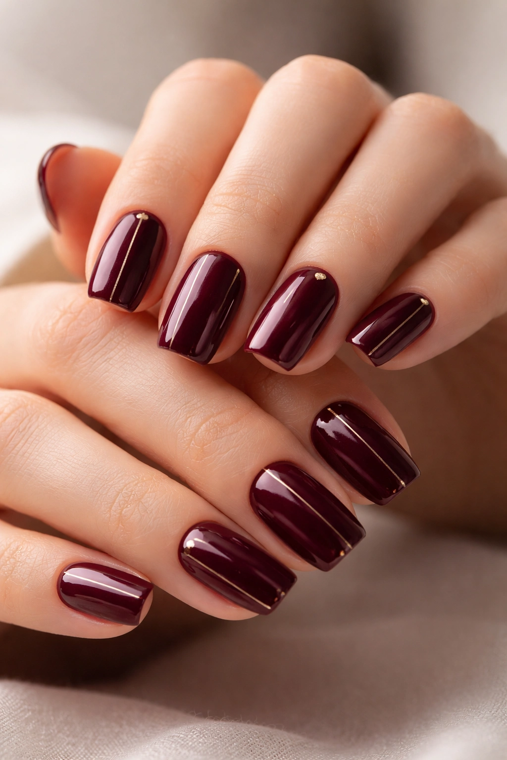 Deep burgundy nails with micro gold details in soft square shape