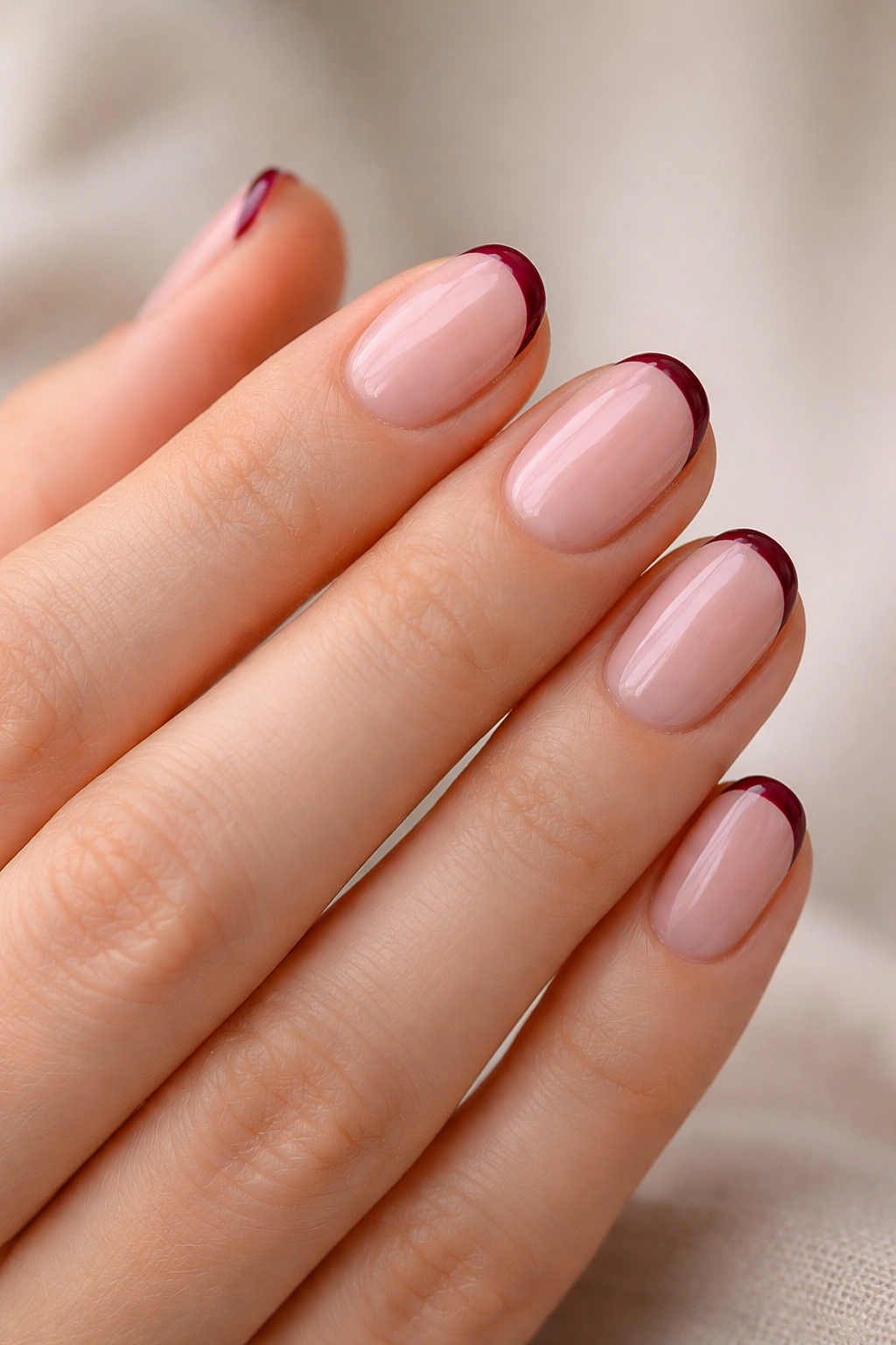Short oval nails with burgundy micro-French tips on sheer pink base.