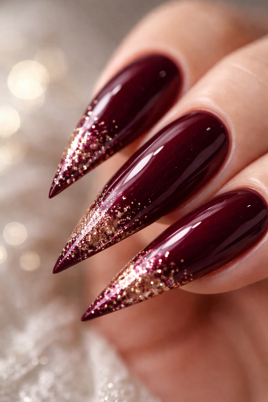 Burgundy curved stiletto nail with burgundy-gold glitter gradient tips