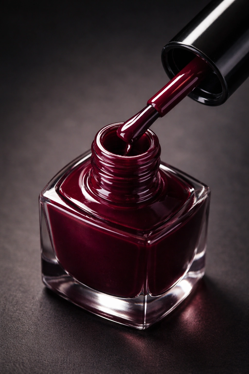 Close-up of a deep burgundy nail polish bottle with glossy liquid in a studio setting