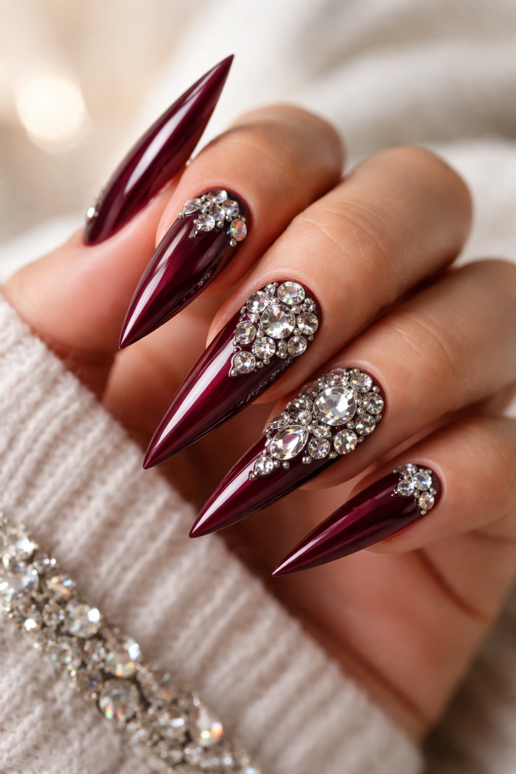Burgundy nails with 3D rhinestone embellishments