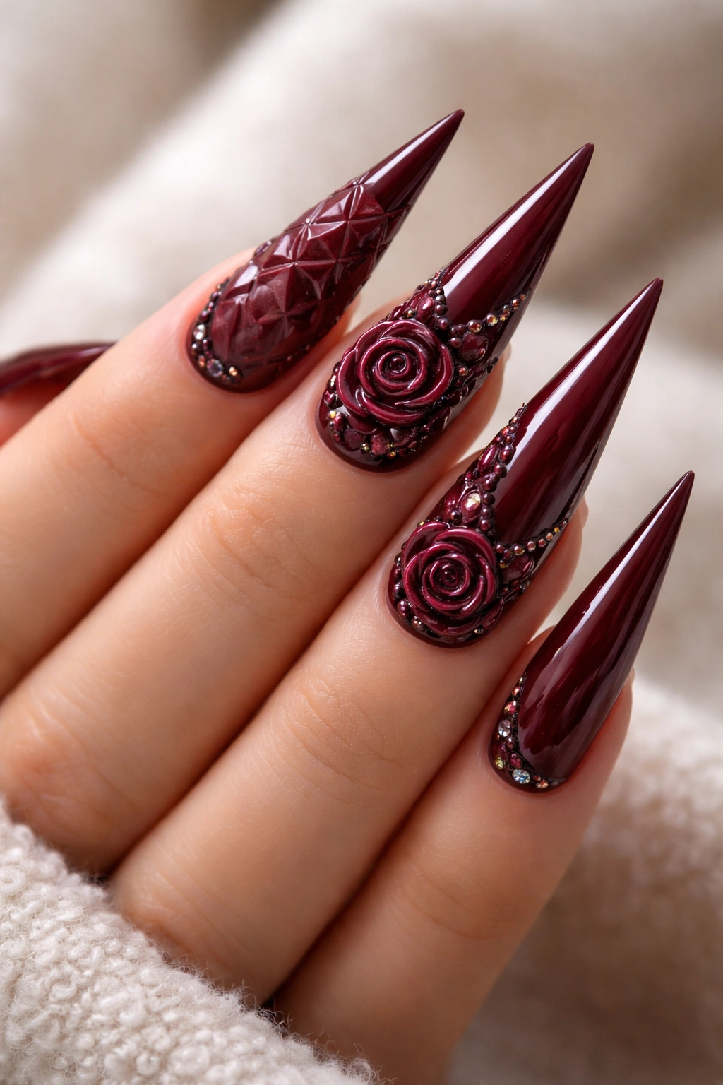 Burgundy stiletto nails with 3D textured details