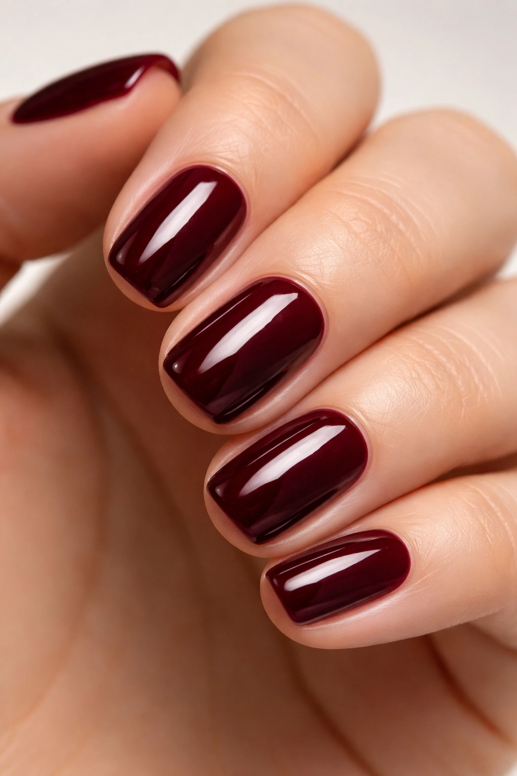 Close-up of deep burgundy wine squoval nails on a hand