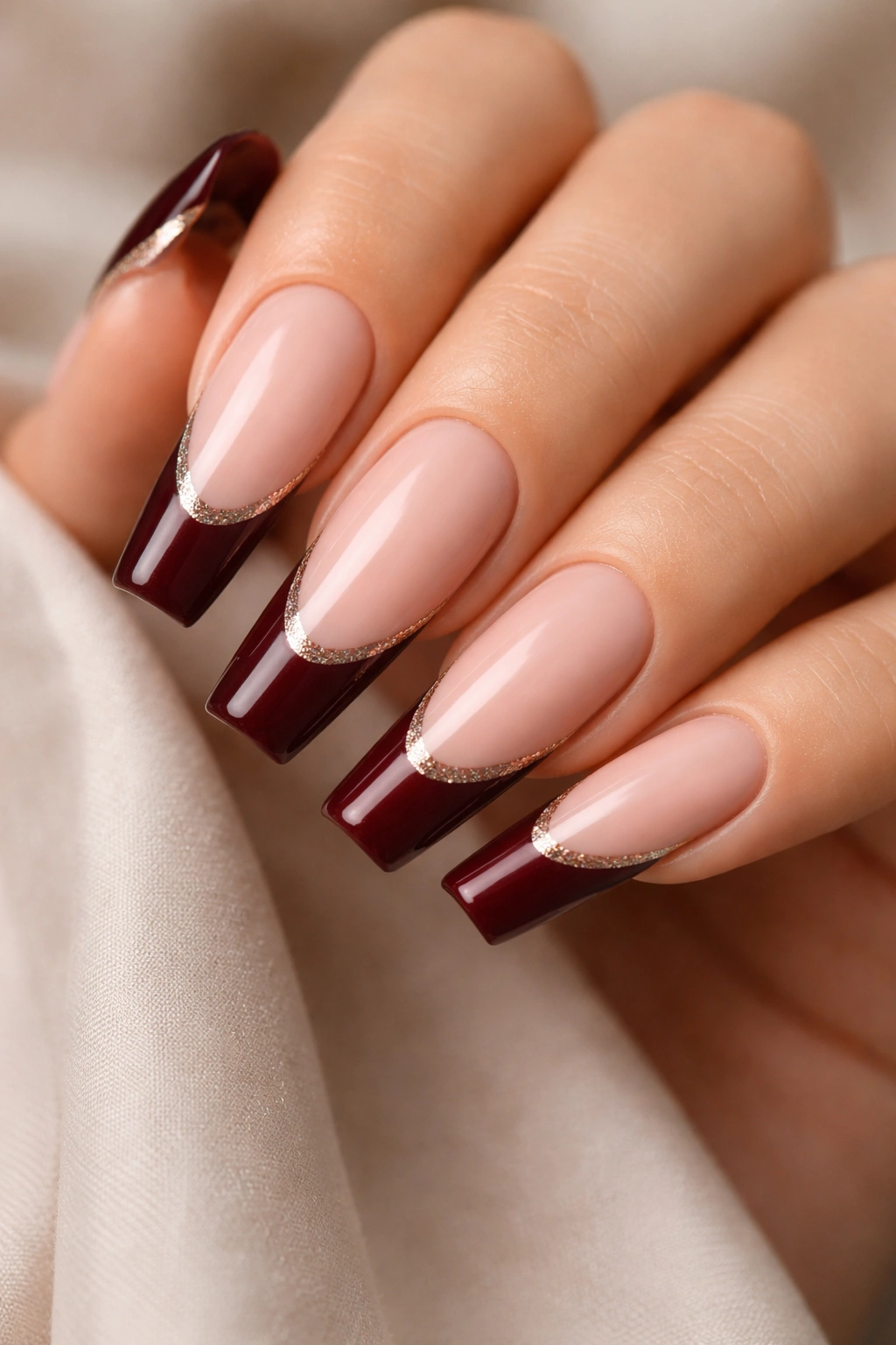 Close-up of burgundy French tip with champagne sparkle edge on coffin nails