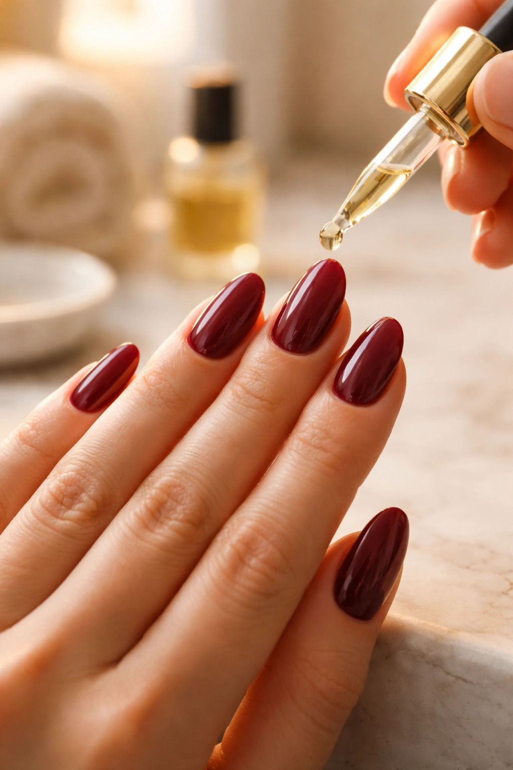 Close-up of burgundy almond nails being refreshed with cuticle oil in warm indoor lighting.