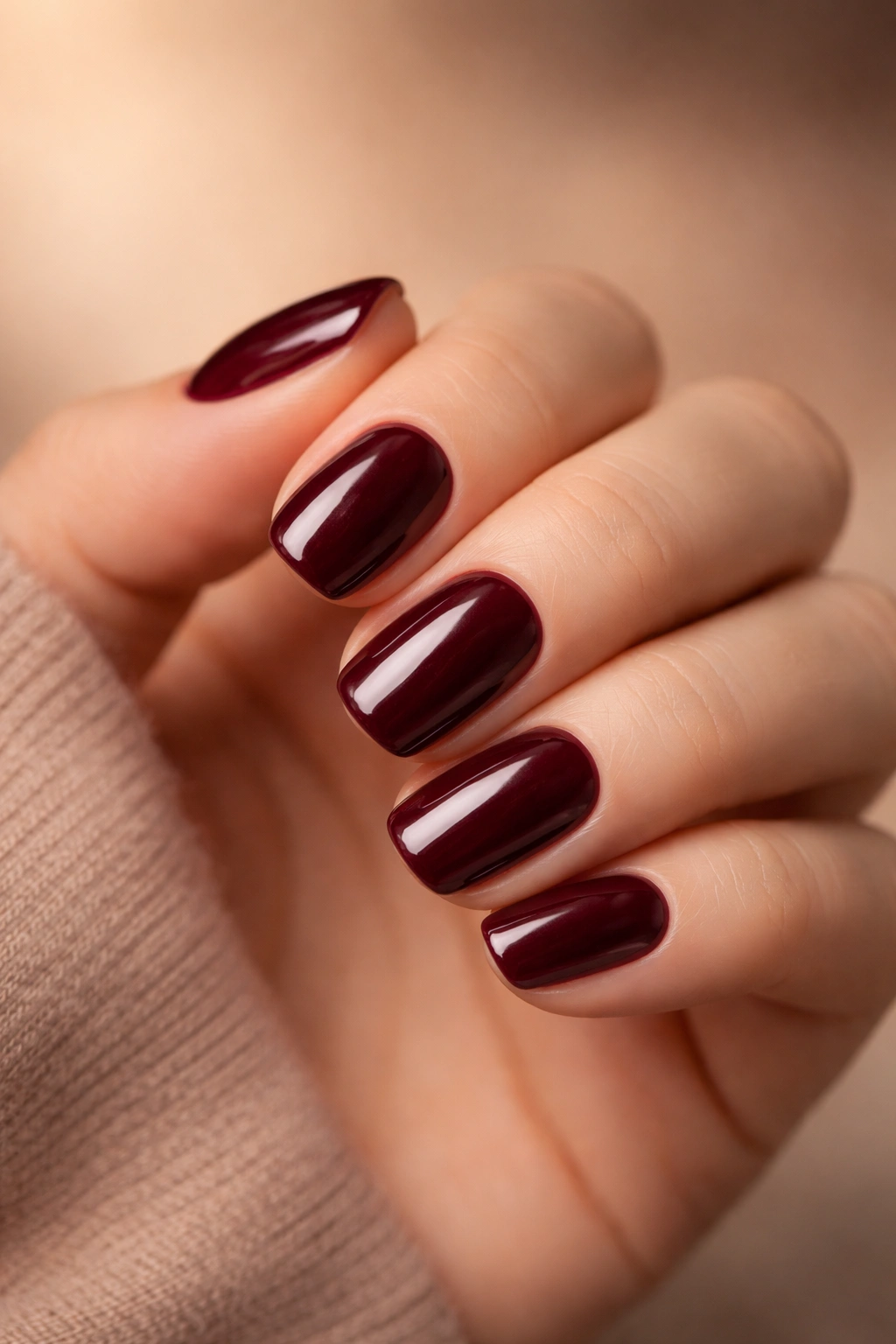Close-up of burgundy manicure on a hand against a neutral background