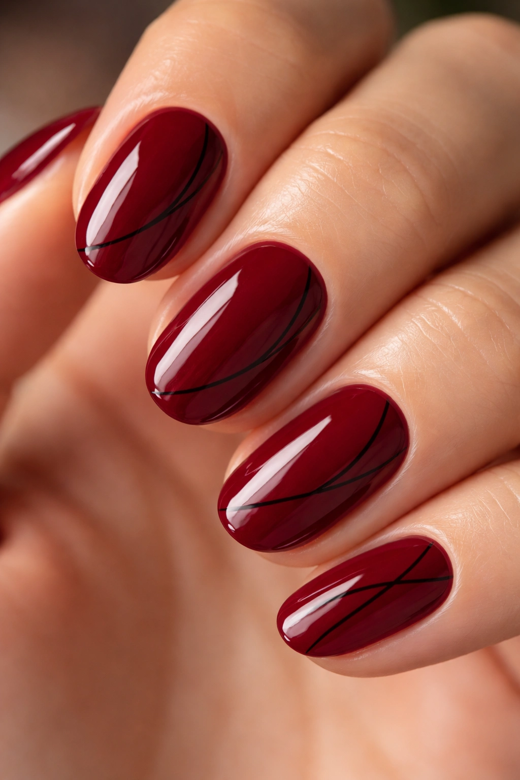 Close-up burgundy short oval nails with fine black line art.