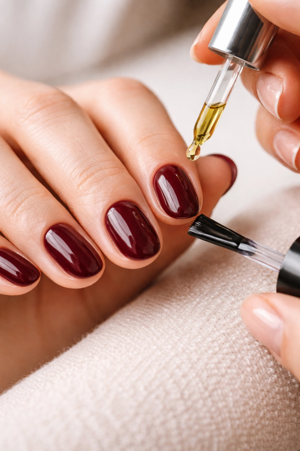 Hand with burgundy short oval nails being refreshed with topcoat and cuticle oil.