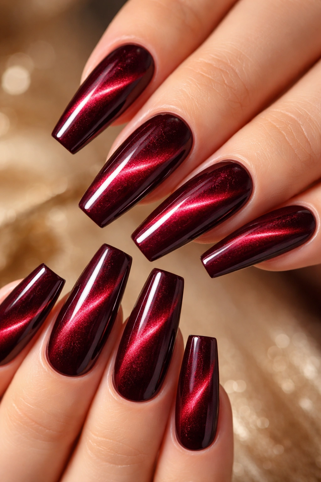 Coffin nails burgundy cat eye stripe effect
