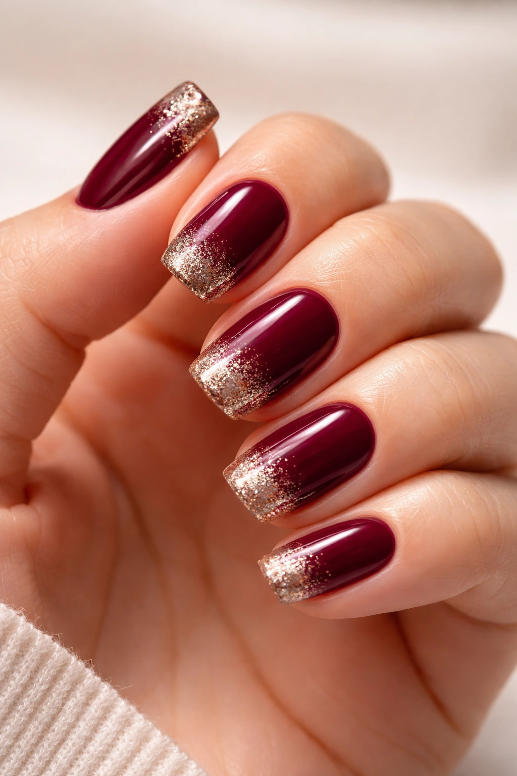 Close-up of burgundy nails with champagne sparkle tips.