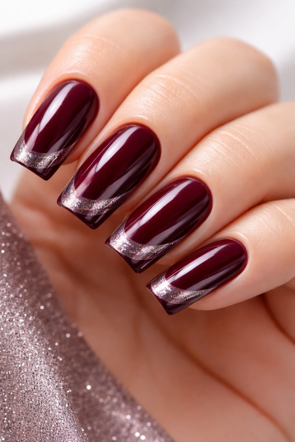 Close-up of deep burgundy nails with chrome shimmer on soft square tips