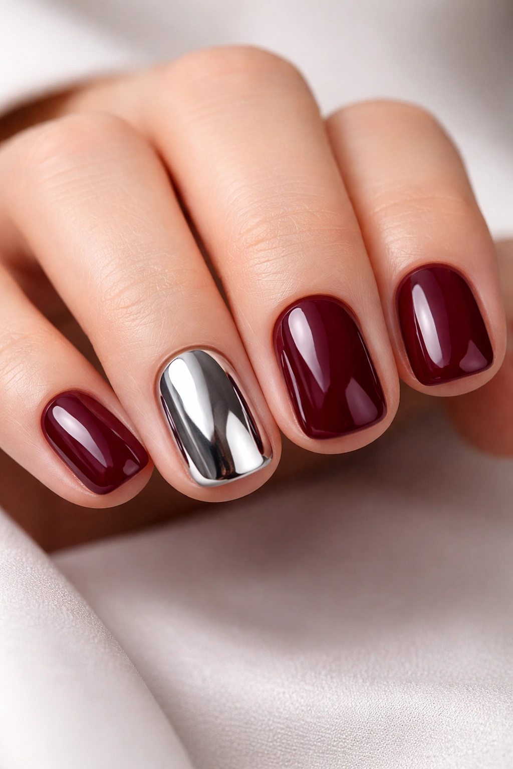 Burgundy nails with chrome accent nail