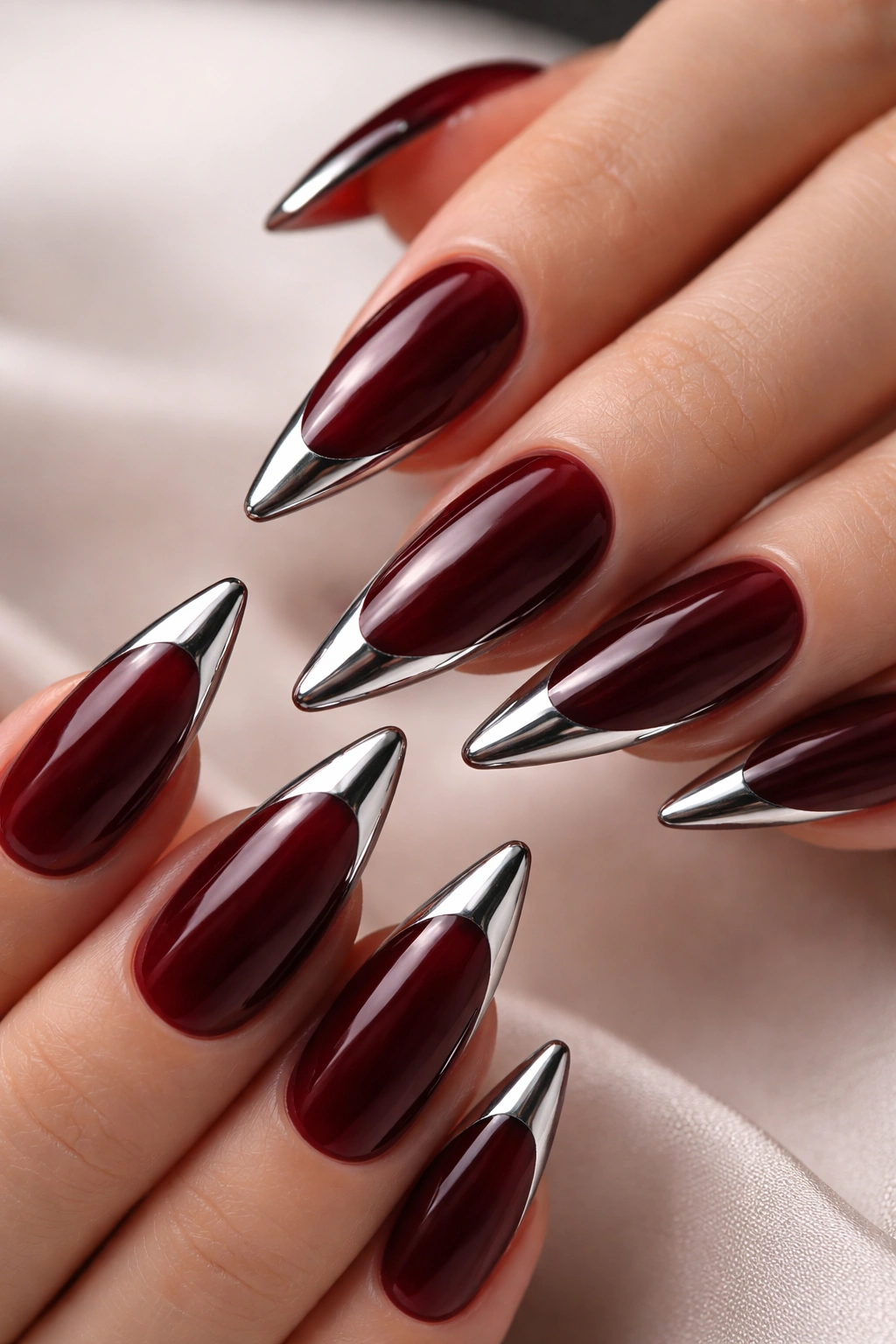 Close-up of burgundy nails with chrome edge on tips