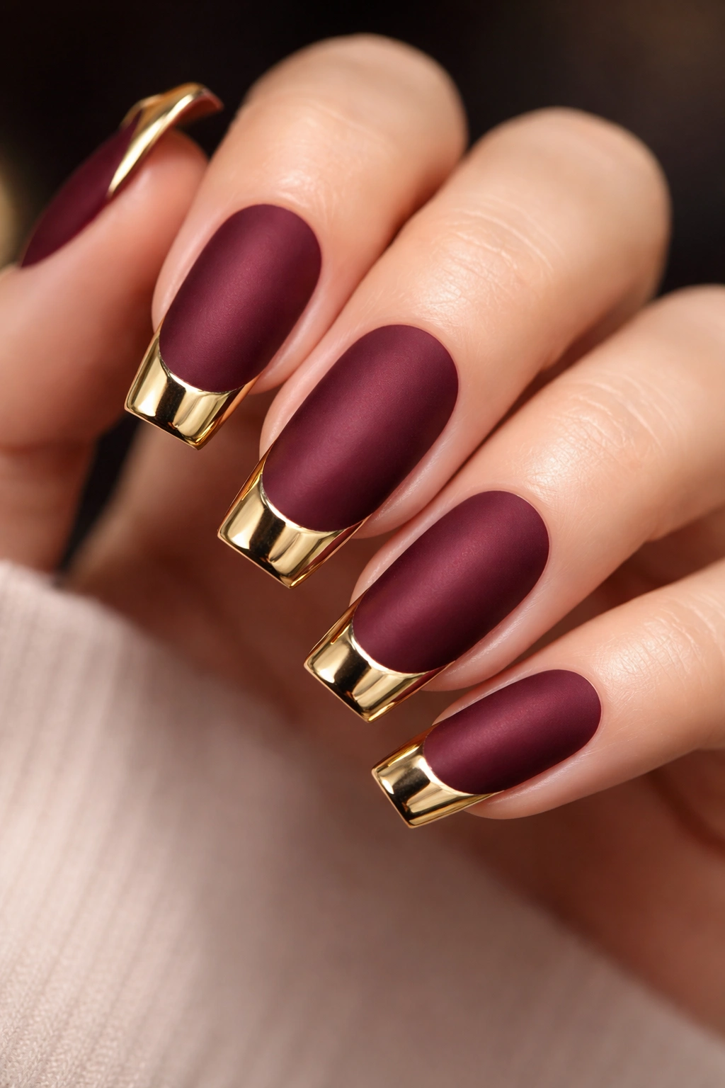 Matte burgundy nails with chrome gold tips