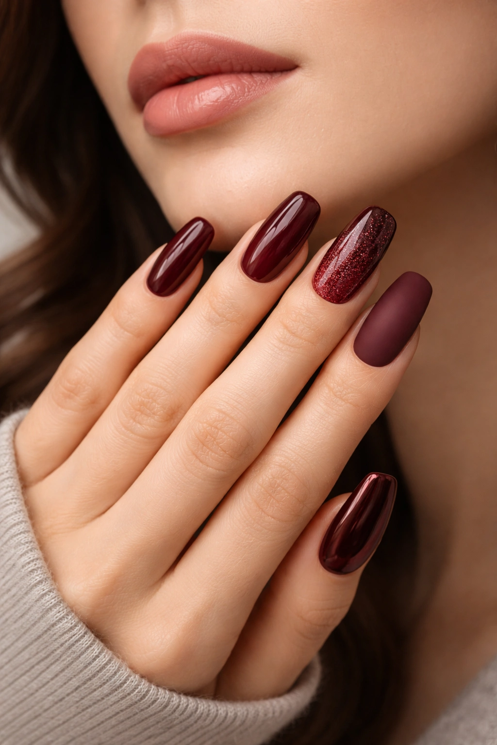 Close-up of burgundy nails on a hand in a contemplative pose against a neutral background