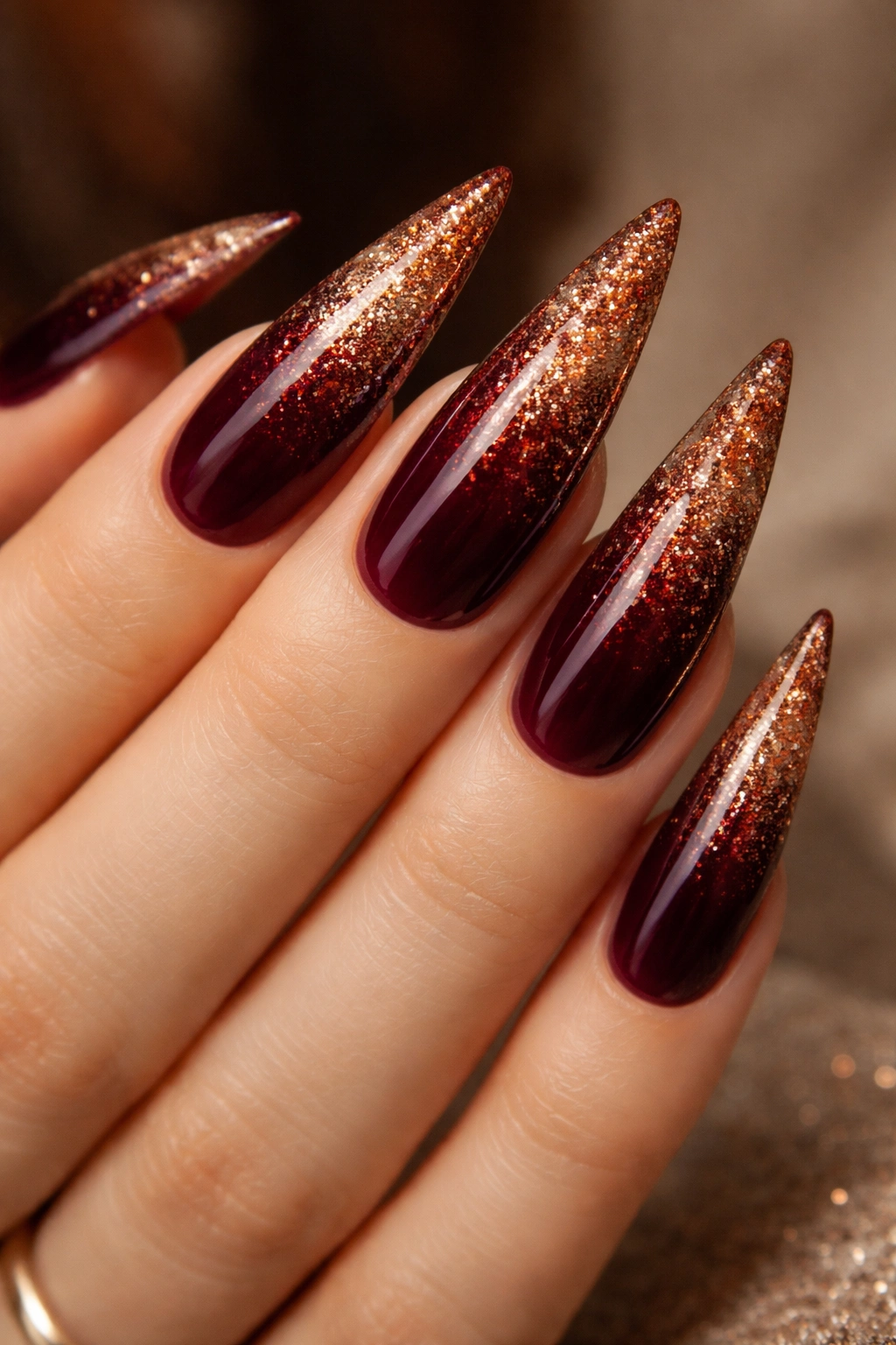 Close-up of a burgundy stiletto nail with copper glitter at the tip