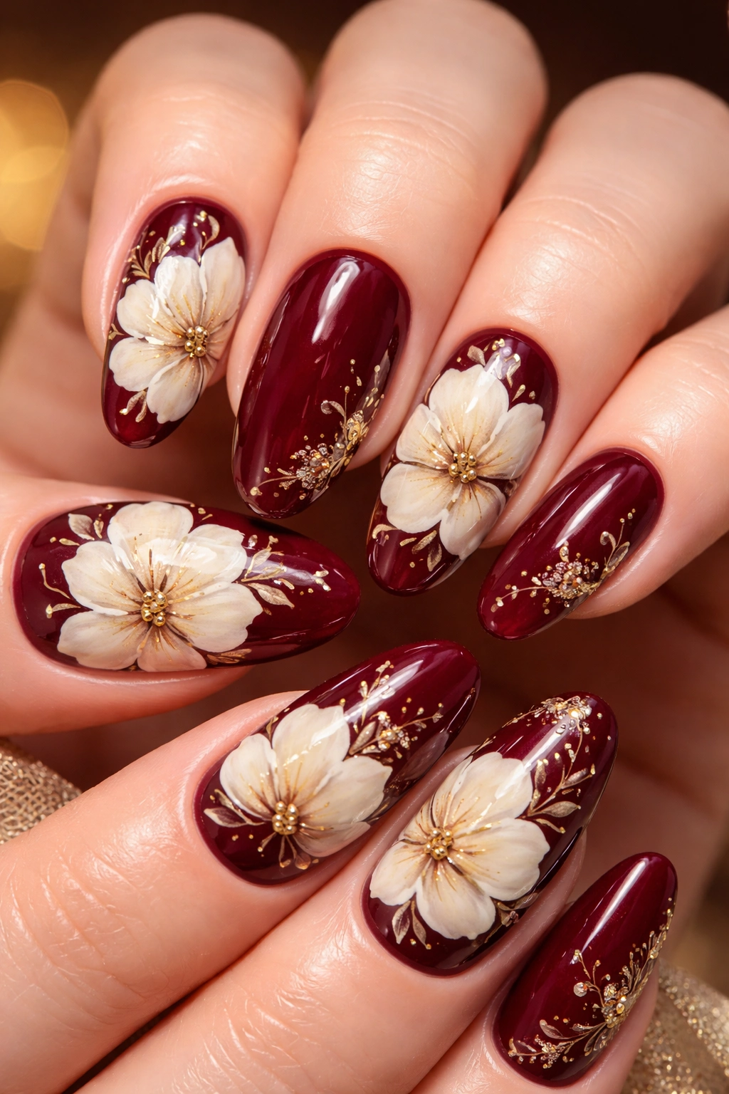 Burgundy nails with cream floral accents and gold details