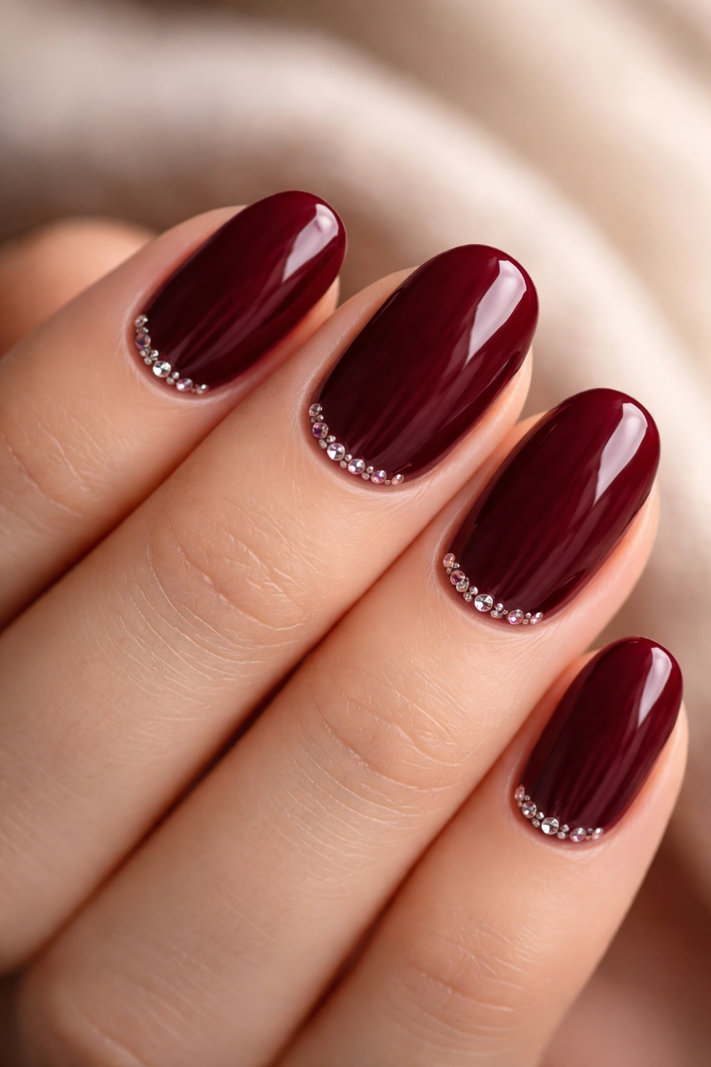 Close-up of burgundy short oval nails with tiny crystals at the cuticle.