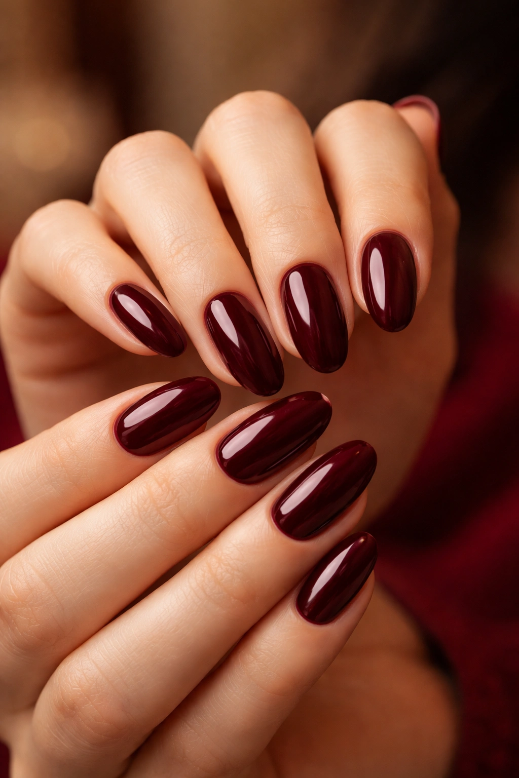 Close-up of burgundy nails with deep wine shade on fingertips, warm lighting