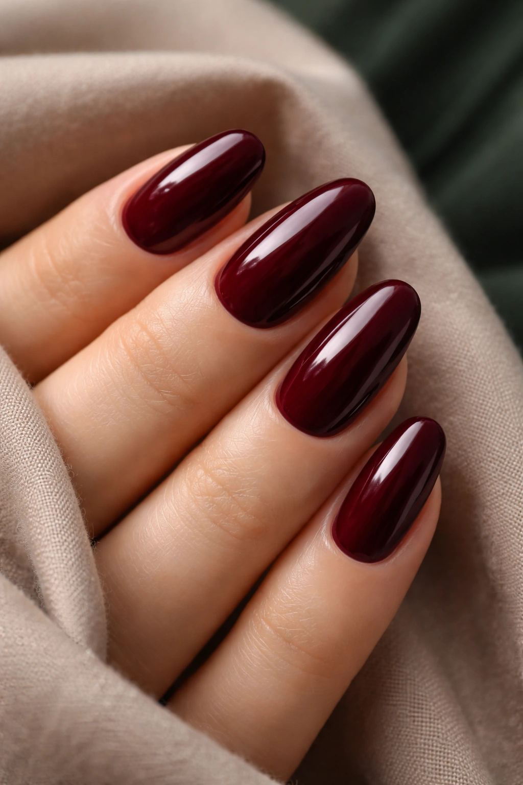 Close-up of burgundy nails in a rich wine shade on fingertips against a neutral backdrop