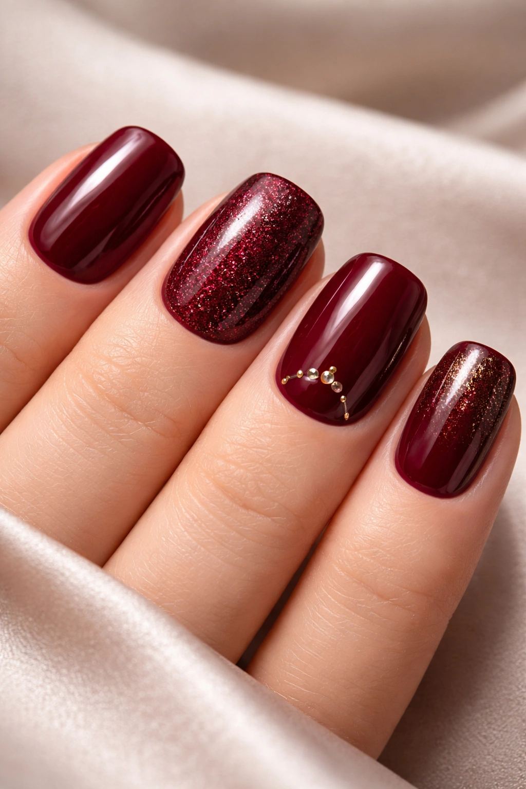 Burgundy nails arranged on a neutral surface