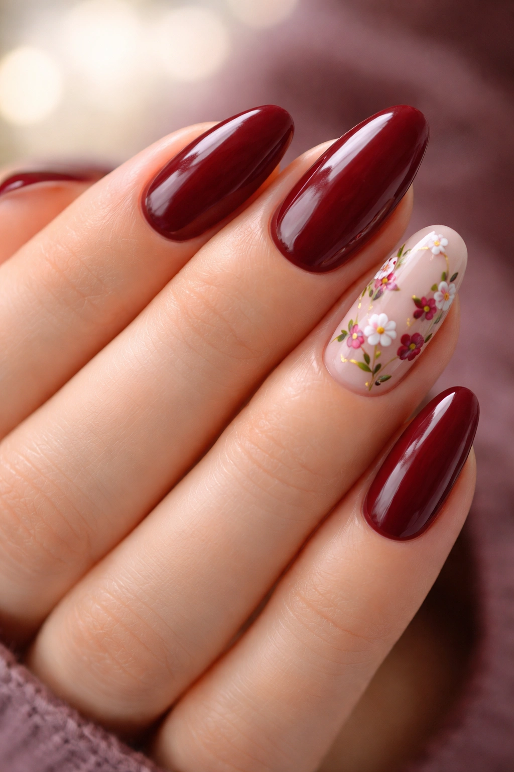 Burgundy nails with delicate floral art on accent nails