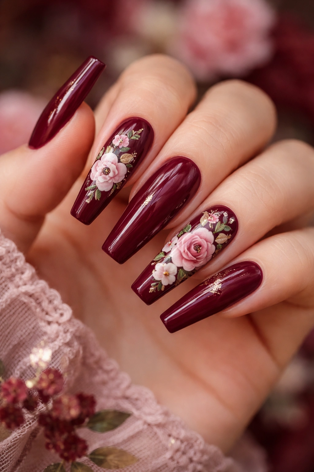 Close-up of burgundy nails with delicate floral design on coffin shape