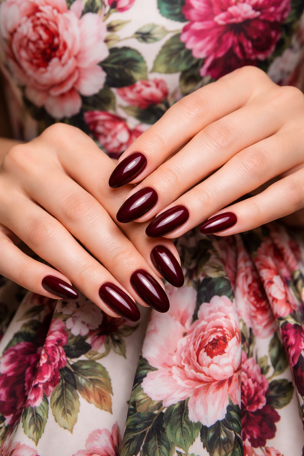 Close-up of burgundy nails on floral dress fabric
