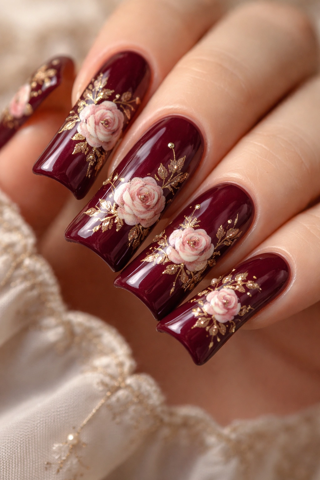 Burgundy duck nails with cream vintage floral illustrations and gold accents