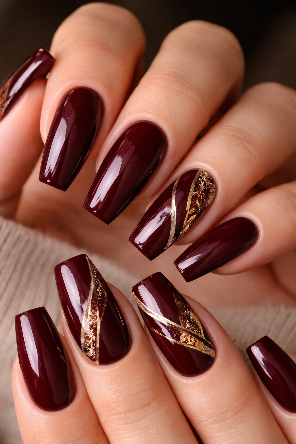 Burgundy coffin nails with gold foil accents