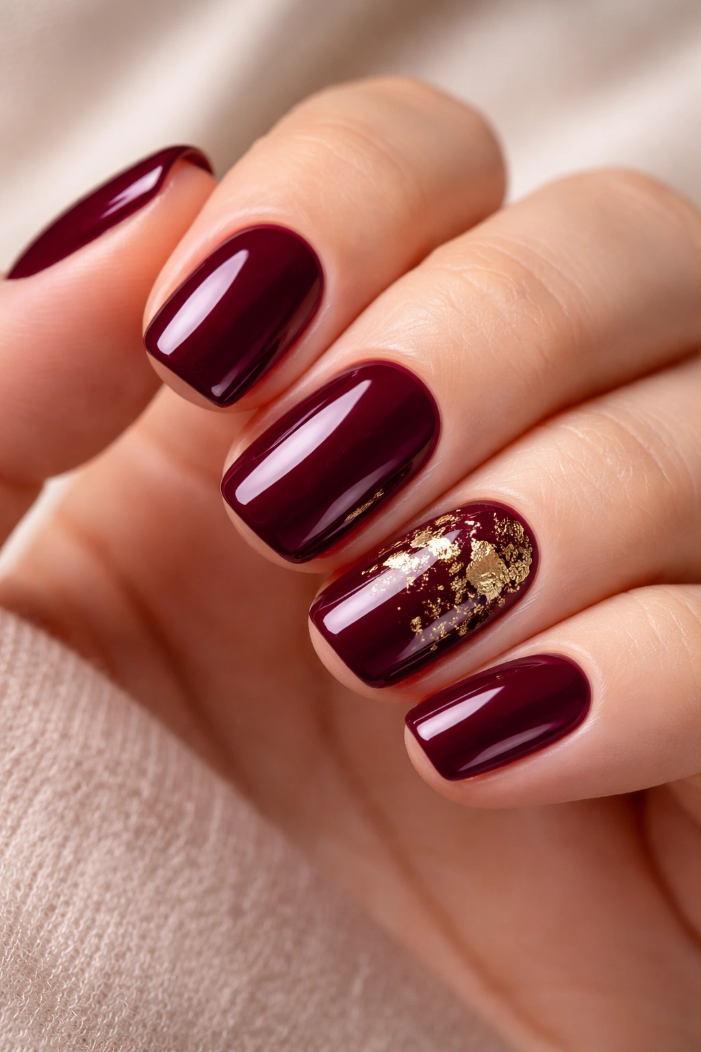Close-up of burgundy nails with gold foil accents on selected nails.