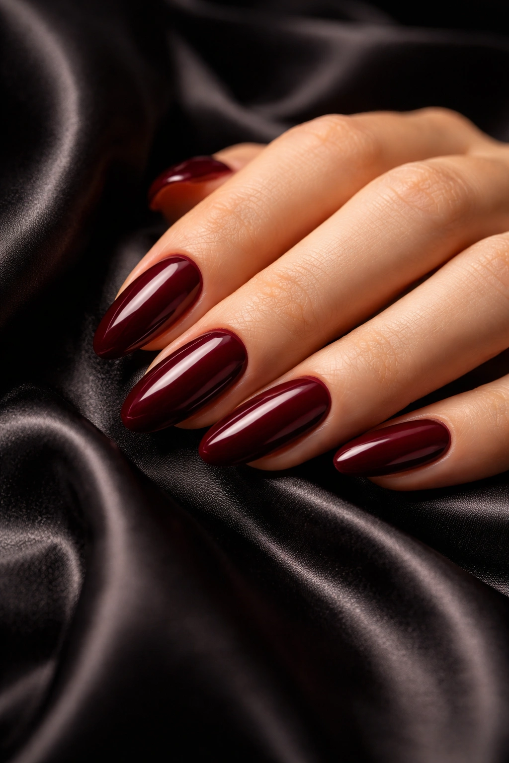 Close-up of hand with Rich Burgundy nails on black satin