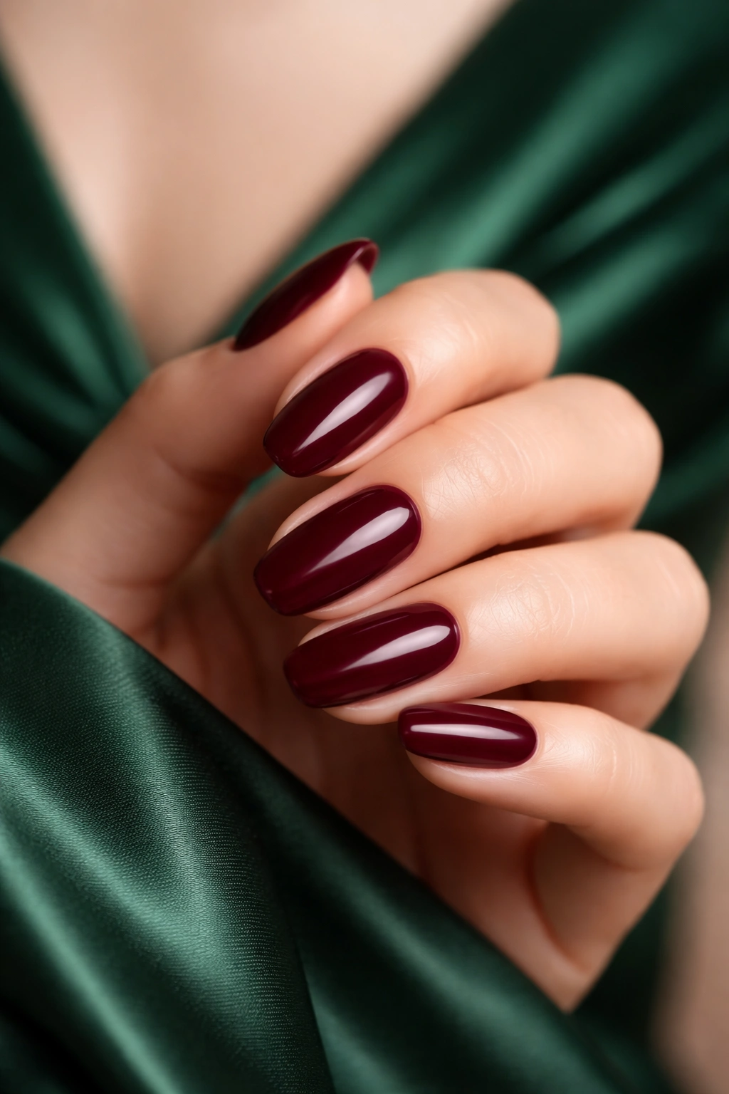 Close-up of hand with burgundy nails against a neutral background