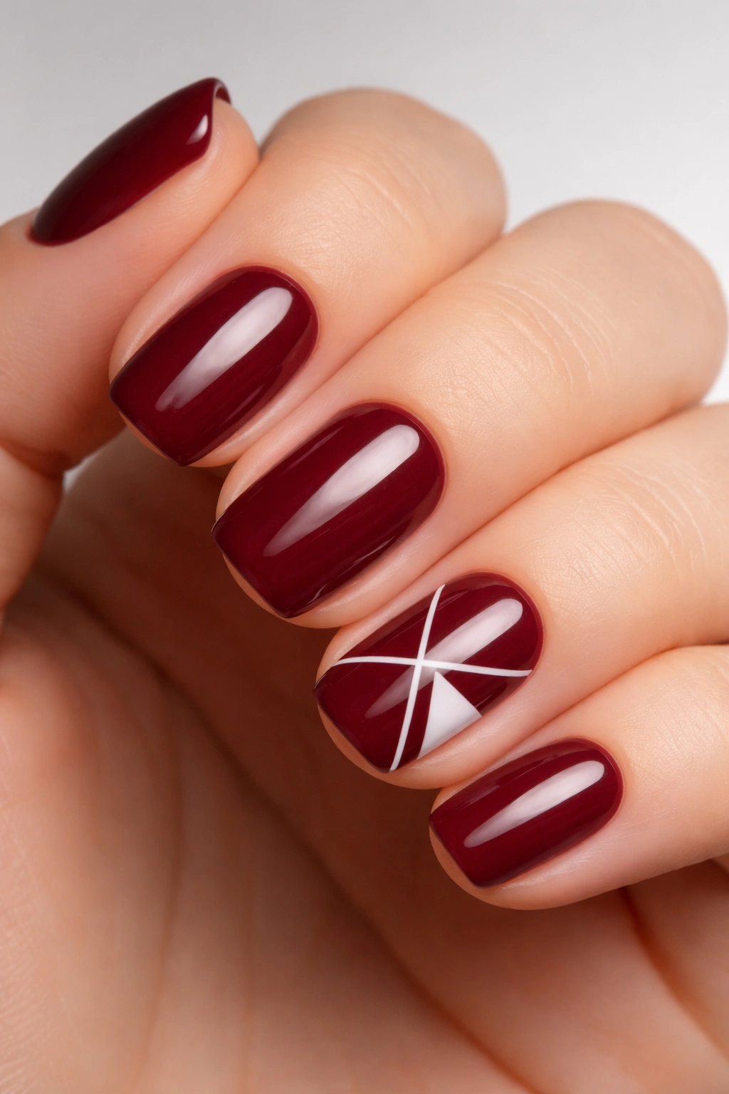 Close-up of burgundy squoval nails with thin white geometric lines on accent nail