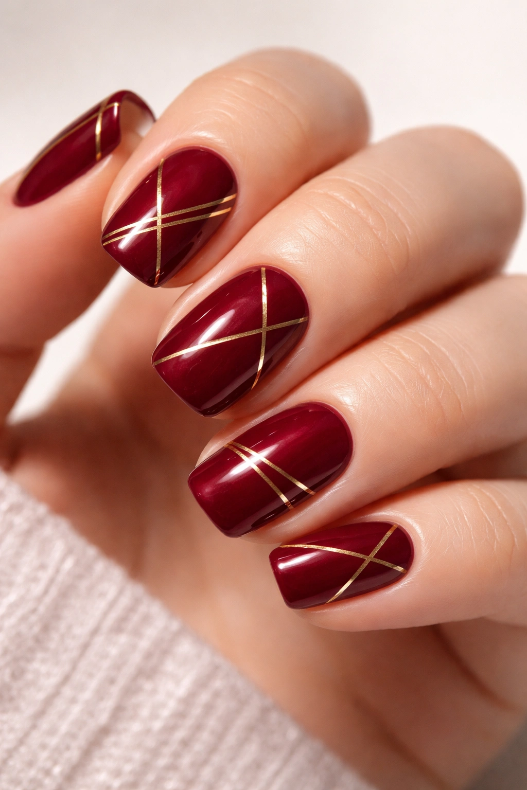 Close-up of burgundy nails with thin gold geometric lines
